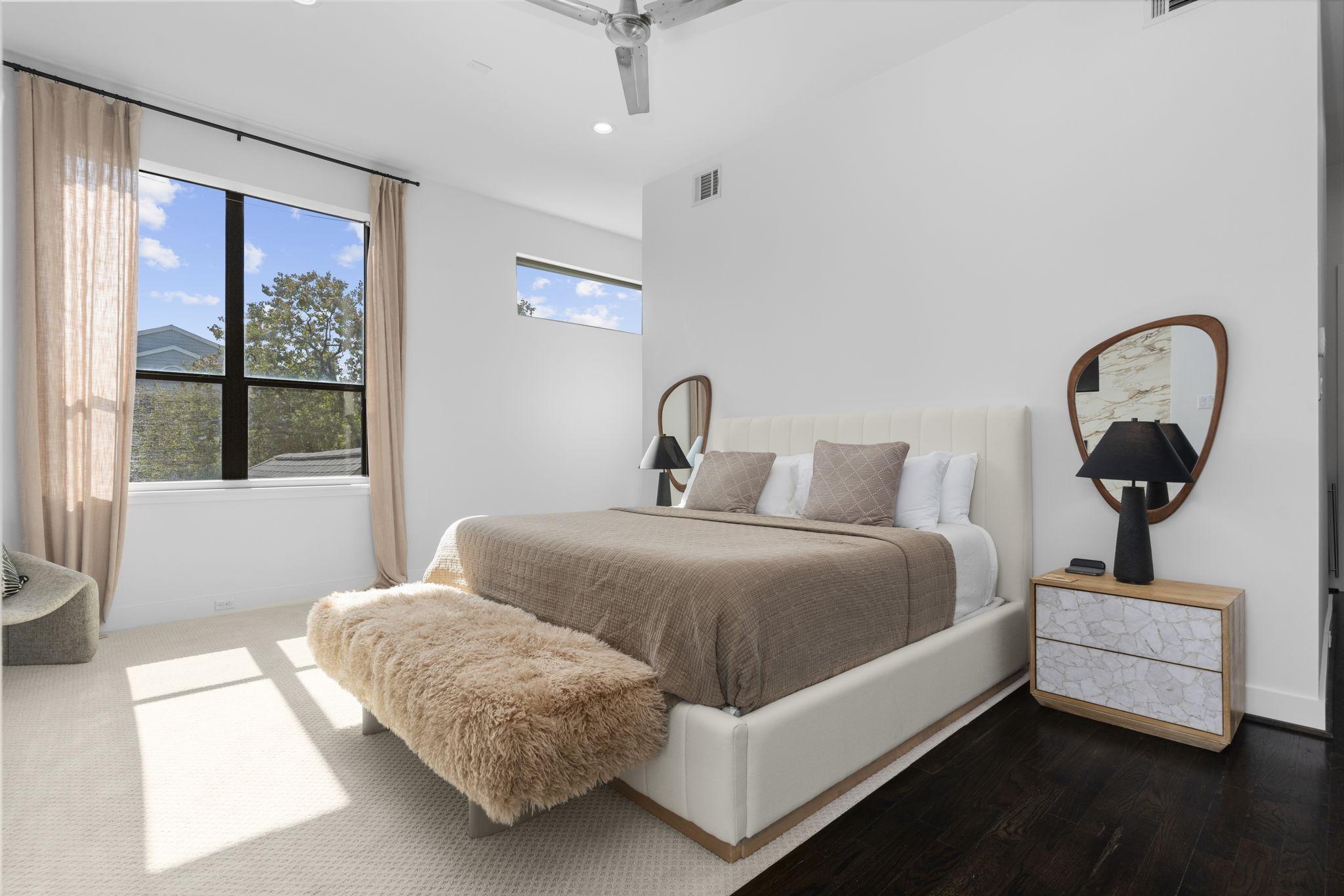 Primary bedroom wide shot with fireplace