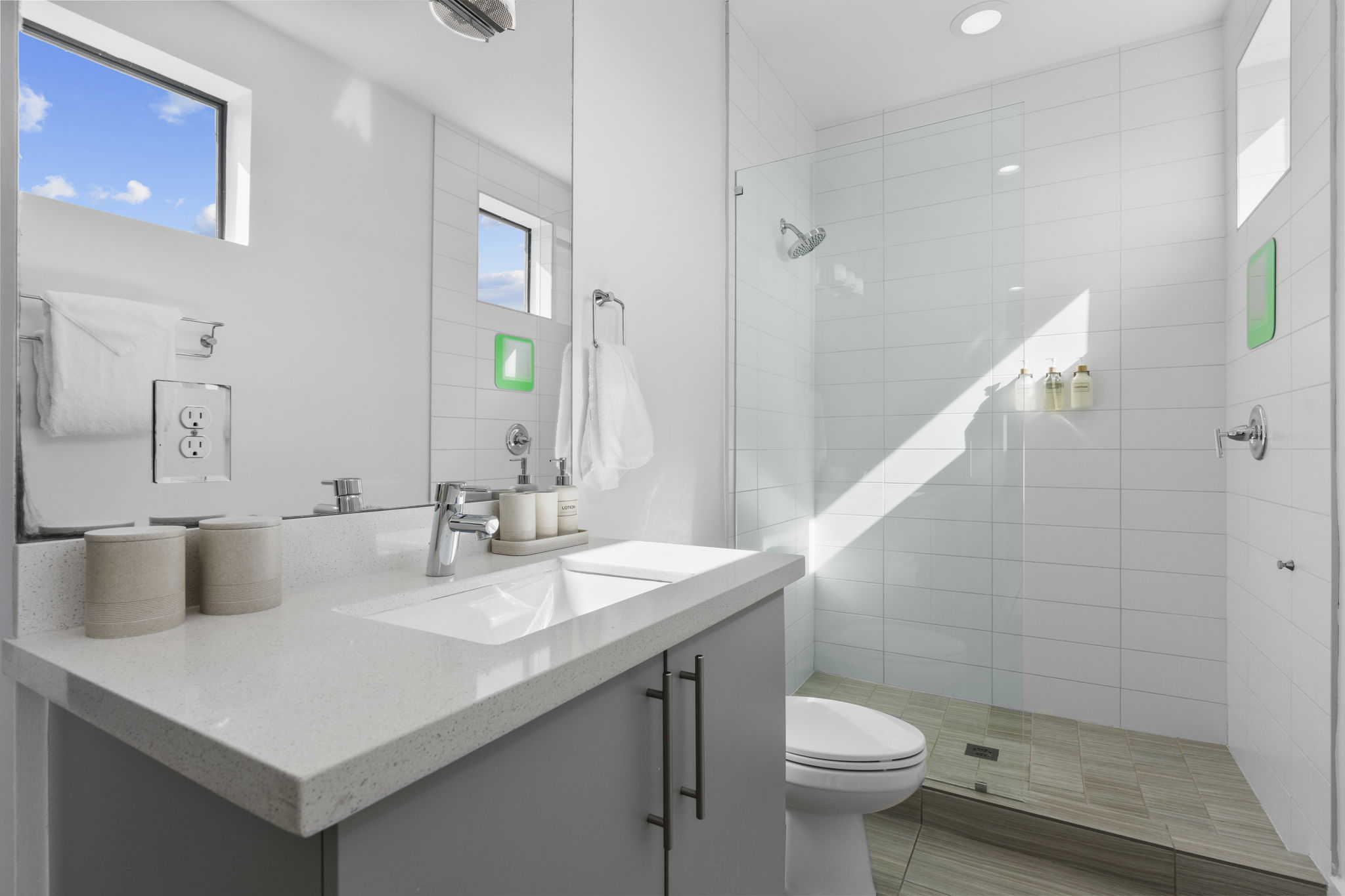 Media room with large TV and sectional couch